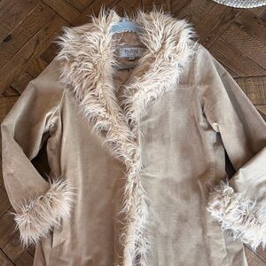 Wilsons Leather Beige Suede Teddy Jacket with Faux Fur Trim